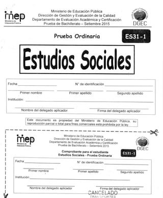 Examen de bachillerato ESTUDIOS SOCIALES TÉCNICO 2015 (SETIEMBRE) 