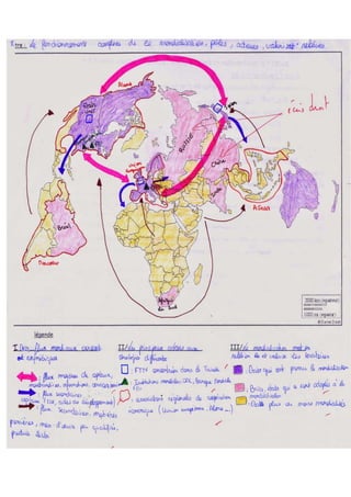 Fiche de révision
Les flux de la mondialisation – Un produit également mondialisé : l'Iphone
Introduction
mondialisation :La mondialisation est un ensemble de processus qui renforcent
l'intégration et l'interdépendance des lieux, des territoires, des économies et des
sociétés humaines à l'échelle mondiale.
C'est un processus ancien qui s'est formé en 3 étapes :
– Aux XV/XVI ème siècles Grandes Découvertes et 1ère mondialisation→
– Grands empires coloniaux construit par les puissances européennes au XIX ème
siècle
– Le XX ème siècle intensification échanges et financiarisation éco.→
Mondialisation mobilise plusieurs domaines, elle est protéiforme, les domaines
économiques, sociaux, géopolitique, juridiques, culturels et environnementaux...
Cependant domaines vont être freiner, transformés par des acteurs.
Problématique : Dans quelle mesure les stratégies des acteurs de la mondialisation
intensifient ou freinent les mécanismes de son fonctionnement ?
Plan I.→ Mondialisation, processus d'interdépendance mondiale soutenu par
différents acteurs
II. Acteurs de la mondialisation entraîne monde parcouru de flux, en réseau
III. Mais mondialisation suscite des débats et pose question de régulation
I. Mondialisation, processus d'interdépendance mondiale soutenu par
différents acteurs
A) FTN, locomotives de la mondialisation
Sont 80000 et représente 1/4 du PIB mondial et 2/3 échanges mondiaux. 80 % FTN
appartienne aux pays de la Triade mais remise en cause par les pays émergents (BRICS)
qui progresse.
Sièges sociales, activités de R&D et marketing localisés dans pays développés. Matières
premières extraites de pays en dev. et pays moins avancés (PMA). Usines de fabrications
délocalisés dans les pays émergents du à une main d’œuvre bon marché.
Exemple: L'entreprise Apple a son siège social en Californie, division marketing à New
York. Matières premières proviennent d'Afrique centrale, de Mongolie et de Chine. Usine
de montages dans les pays émergents au Brésil et en Chine.
 
