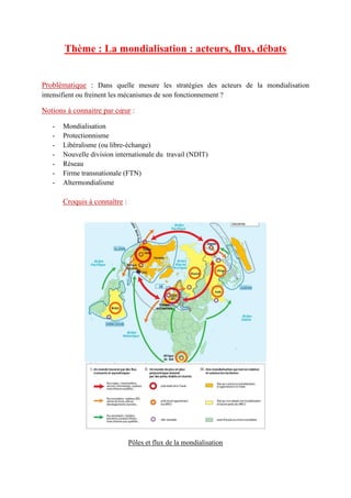 - L'autre grande amélioration technique est celle des NTIC qui ont créé des «autoroutes
de l'information».
C- Ces flux tissent des réseaux qui hiérarchisent l'espace mondial
Ces flux tissent des réseaux qui hiérarchisent l'espace mondial. Les réseaux sont des
ensembles de lignes ou de relations permettant de connecter des lieux entre eux ainsi que les
acteurs spatiaux qui y sont présents. Parce qu'ils nécessitent de se doter d'infrastructures
modernes exigeant capitaux et technologies, ils hiérarchisent l'espace en fonction du
développement des territoires.
- Les réseaux logistiques multimodaux relient entre eux des territoires éloignés au
moyen de routes maritimes et aériennes qui connectent des hubs portuaires ou
aéroportuaires.
- Les réseaux numériques connectent les pays du monde entier. Des câbles sous-marins
mais aussi des liaisons satellites permettent la circulation de l'information numérique
dans le monde.
- Les réseaux migratoires dessinent une « planète monde », notamment autour des
migrations de travail et des diasporas. Elles créent des réseaux socio-économiques à
l'échelle mondiale qui sont un complément certain des économies des FTN.
III- Mais cette mondialisation qui suscite débats et rejets pose la question de sa
régulation
A- Les effets néfastes de la mondialisation
La mondialisation a des conséquences indésirables.
- Elle creuse les inégalités entre territoires.
- La mondialisation est également tenue pour responsable de dégâts environnementaux :
les circulations permanentes de flux matériels accroissent la pollution.
- La diversité culturelle serait aussi menacée par la mondialisation car la diffusion de
produits et services mondialisés conduirait à une uniformisation des modes de vie, des
cultures et des langues.
- La souveraineté politique des Etats serait également remise en cause par la
mondialisation.
 