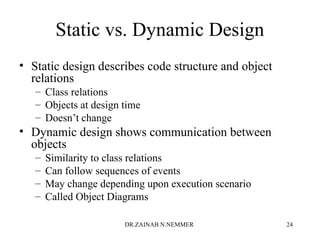 Static vs. Dynamic Design
• Static design describes code structure and object
relations
– Class relations
– Objects at design time
– Doesn’t change
• Dynamic design shows communication between
objects
– Similarity to class relations
– Can follow sequences of events
– May change depending upon execution scenario
– Called Object Diagrams
DR.ZAINAB N.NEMMER 24
 