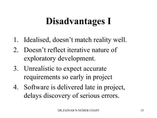 Disadvantages I
1. Idealised, doesn’t match reality well.
2. Doesn’t reflect iterative nature of
exploratory development.
3. Unrealistic to expect accurate
requirements so early in project
4. Software is delivered late in project,
delays discovery of serious errors.
DR.ZAINAB N.NEMER CHAP5 15
 
