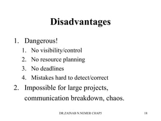 Disadvantages
1. Dangerous!
1. No visibility/control
2. No resource planning
3. No deadlines
4. Mistakes hard to detect/correct
2. Impossible for large projects,
communication breakdown, chaos.
DR.ZAINAB N.NEMER CHAP5 18
 