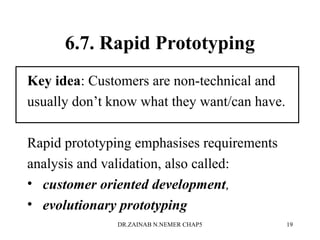 6.7. Rapid Prototyping
Key idea: Customers are non-technical and
usually don’t know what they want/can have.
Rapid prototyping emphasises requirements
analysis and validation, also called:
• customer oriented development,
• evolutionary prototyping
DR.ZAINAB N.NEMER CHAP5 19
 