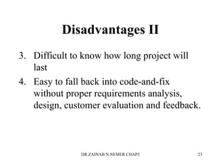 Disadvantages II
3. Difficult to know how long project will
last
4. Easy to fall back into code-and-fix
without proper requirements analysis,
design, customer evaluation and feedback.
DR.ZAINAB N.NEMER CHAP5 23
 