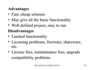 Advantages
• Fast, cheap solution
• May give all the basic functionality
• Well defined project, easy to run
Disadvantages
• Limited functionality
• Licensing problems, freeware, shareware,
etc.
• License fees, maintainance fees, upgrade
compatibility problems
DR.ZAINAB N.NEMER CHAP5 30
 