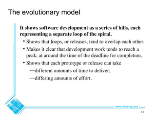 11
The evolutionary model
It shows software development as a series of hills, each
representing a separate loop of the spiral.
• Shows that loops, or releases, tend to overlap each other.
• Makes it clear that development work tends to reach a
peak, at around the time of the deadline for completion.
• Shows that each prototype or release can take
—different amounts of time to deliver;
—differing amounts of effort.
 
