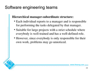 19
Software engineering teams
Hierarchical manager-subordinate structure:
• Each individual reports to a manager and is responsible
for performing the tasks delegated by that manager.
• Suitable for large projects with a strict schedule where
everybody is well-trained and has a well-defined role.
• However, since everybody is only responsible for their
own work, problems may go unnoticed.
 