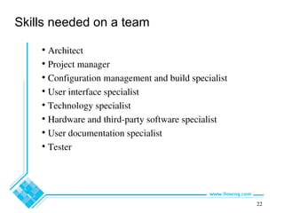 22
Skills needed on a team
• Architect
• Project manager
• Configuration management and build specialist
• User interface specialist
• Technology specialist
• Hardware and third-party software specialist
• User documentation specialist
• Tester
 