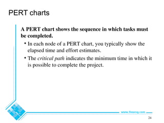 24
PERT charts
A PERT chart shows the sequence in which tasks must
be completed.
• In each node of a PERT chart, you typically show the
elapsed time and effort estimates.
• The critical path indicates the minimum time in which it
is possible to complete the project.
 
