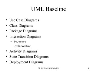 UML Baseline
• Use Case Diagrams
• Class Diagrams
• Package Diagrams
• Interaction Diagrams
– Sequence
– Collaboration
• Activity Diagrams
• State Transition Diagrams
• Deployment Diagrams
DR.ZAINAB N.NEMMER 4
 