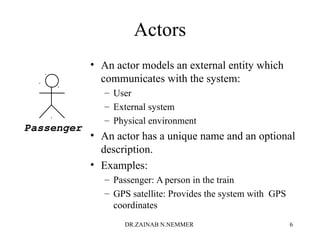Actors
• An actor models an external entity which
communicates with the system:
– User
– External system
– Physical environment
• An actor has a unique name and an optional
description.
• Examples:
– Passenger: A person in the train
– GPS satellite: Provides the system with GPS
coordinates
Passenger
DR.ZAINAB N.NEMMER 6
 
