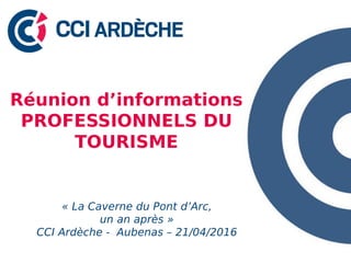Réunion d’informations
PROFESSIONNELS DU
TOURISME
« La Caverne du Pont d’Arc,
un an après »
CCI Ardèche - Aubenas – 21/04/2016
 