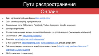 Онлайн
Пути распространения
● Сайт на бесплатной платформе sites.google.com/
● Сайт с помощью проф. программистов
● Социал...