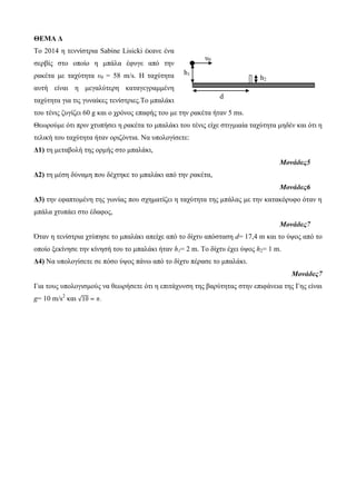 ΘΕΜΑ Δ 
Τν 2014 ε ηελλίζηξηα Sabine Lisicki έθαλε έλα 
ζεξβίο ζην νπνίν ε κπάια έθπγε από ηελ 
ξαθέηα κε ηαρύηεηα υ0 = 58 m/s. Η ηαρύηεηα 
απηή είλαη ε κεγαιύηεξε θαηαγεγξακκέλε 
ηαρύηεηα γηα ηηο γπλαίθεο ηελίζηξηεο.Τν κπαιάθη 
ηνπ ηέληο δπγίδεη 60 g θαη ν ρξόλνο επαθήο ηνπ κε ηελ ξαθέηα ήηαλ 5 ms. 
Θεσξνύκε όηη πξηλ ρηππήζεη ε ξαθέηα ην κπαιάθη ηνπ ηέληο είρε ζηηγκηαία ηαρύηεηα κεδέλ θαη όηη ε 
ηειηθή ηνπ ηαρύηεηα ήηαλ νξηδόληηα. Να ππνινγίζεηε: 
Δ1) ηε κεηαβνιή ηεο νξκήο ζην κπαιάθη, 
Μονάδες5 
Δ2) ηε κέζε δύλακε πνπ δέρηεθε ην κπαιάθη από ηελ ξαθέηα, 
Μονάδες6 
Δ3) ηελ εθαπηνκέλε ηεο γσλίαο πνπ ζρεκαηίδεη ε ηαρύηεηα ηεο κπάιαο κε ηελ θαηαθόξπθν όηαλ ε 
κπάια ρηππάεη ζην έδαθνο, 
Μονάδες7 
Όηαλ ε ηελίζηξηα ρηύπεζε ην κπαιάθη απείρε από ην δίρηπ απόζηαζε d= 17,4 m θαη ην ύςνο από ην 
νπνίν μεθίλεζε ηελ θίλεζή ηνπ ην κπαιάθη ήηαλ h1= 2 m. Τν δίρηπ έρεη ύςνο h2= 1 m. 
Δ4) Να ππνινγίζεηε ζε πόζν ύςνο πάλσ από ην δίρηπ πέξαζε ην κπαιάθη. 
Μονάδες7 
Γηα ηνπο ππνινγηζκνύο λα ζεσξήζεηε όηη ε επηηάρπλζε ηεο βαξύηεηαο ζηελ επηθάλεηα ηεο Γεο είλαη 
g= 10 m/s2 θαη √ . 
π0 
h1 
d 
h2 
 