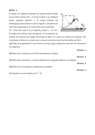 ΘΕΜΑ Δ 
Η ζθαίπα ηος ζσήμαηορ ξεκίνηζε ηην ομαλή κςκλική κίνηζή 
ηηρ ζε κύκλο ακηίναρ ΟΑ = 2 m από ηη θέζη Α με ζηαθεπoύ 
μέηπος γπαμμική ηασύηηηα υ1. Το ένηομο ξεκίνηζε ηην 
εςθύγπαμμη ομαλή κίνηζή ηος από ηο ζημείο Γ, πος βπίζκεηαι 
ζηην ίδια καηακόπςθη με ηην ακηίνα OA και ζε απόζηαζη 
ΑΓ = 0,5m κάηυ από ηο Α, με ηασύηηηα, μέηπος υ2 = 0,1 m/s. 
Η έναπξη ηυν κινήζευν ήηαν ηαςηόσπονη. Το ζηιγμιόηςπο ηηρ 
κίνηζηρ πος θαίνεηαι ζηο ζσήμα ανηιζηοισεί ζε σπόνο 25 s μεηά ηην έναπξη ηυν κινήζευν. Σηο 
ζηιγμιόηςπο οι θέζειρ ηυν κινηηών και ηο κένηπο ηος κύκλος είναι ζηην ίδια εςθεία ηην ΟΚΛ. 
Δ1) Πόζη είναι απόζηαζη ΓΛ πος διένςζε ηο ένηομο μέσπι ηη θέζη πος θαίνεηαι ζηο ζηιγμιόηςπο 
ηος ζσήμαηορ; 
Μονάδες 5 
Δ2) Ποια είναι η επίκενηπη γυνία ΓΟΛ πος διέγπατε η ζθαίπα; 
Μονάδες 8 
Δ3) Πόζη είναι η πεπίοδορ, η γυνιακή ηασύηηηα και η γπαμμική ηασύηηηα ηηρ ζθαίπαρ; 
Μονάδες 6 
Δ4) Πόζη είναι η κενηπομόλορ επιηάσςνζη ηηρ ζθαίπαρ; 
Μονάδες 6 
Να θευπήζεηε για ηην άζκηζη όηι π2 = 10. 
Κ 
Λ 
 