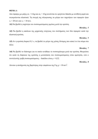ΘΕΜΑ Δ 
Δύο ζθαίρες κε κάδες m1 = 6 kg θαη m2 = 4 kg θηλούληαη ζε ορηδόληηο δάπεδο κε αληίζεηε θορά θαη 
ζσγθρούοληαη πιαζηηθά. Τε ζηηγκή ηες ζύγθροσζες ηα κέηρα ηωλ ηατσηήηωλ ηωλ ζθαηρώλ ήηαλ 
υ1 = 20 m/s θαη υ2 = 10 m/s. 
Δ1) Να βρεζεί ε ηατύηεηα ηοσ ζσζζωκαηώκαηος ακέζως κεηά ηελ θρούζε. 
Μονάδες 5 
Δ2) Να βρεζεί ε απώιεηα ηες κεταληθής ελέργεηας ηοσ ζσζηήκαηος ηωλ δύο ζθαηρώλ θαηά ηελ 
πιαζηηθή θρούζε. 
Μονάδες 5 
Δ3) Αλ ε θρούζε δηαρθεί 0,1 s, λα βρεζεί ηο κέηρο ηες κέζες δύλακες ποσ αζθεί ηο έλα ζώκα ζηο 
άιιο. 
Μονάδες 7 
Δ4) Να βρεζεί ηο δηάζηεκα γηα ηο οποίο θηλήζεθε ηο ζσζζωκάηωκα κεηά ηελ θρούζε. Θεωρείζηε 
όηη θαηά ηε δηάρθεηα ηες θρούζες ε κεηαηόπηζε ηοσ ζσζζωκαηώκαηος είλαη ακειεηέα, ελώ ο 
ζσληειεζηής ηρηβή ζσζζωκαηώκαηος – δαπέδοσ είλαη μ = 0,32. 
Μονάδες 8 
Δίλεηαη ε επηηάτσλζε ηες βαρύηεηας ζηελ επηθάλεηα ηες Γες g = 10 m/s2. 
 