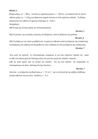 ΘΕΜΑ Δ 
Βιήκα κάδαο m1 = 100 g θηλείηαη κε ηαρύηεηα κέηξνπ, υ = 160 m/s θαη ζθελώλεηαη ζε μύιηλν 
θηβώηην κάδαο m2 = 1,9 kg, πνπ βξίζθεηαη αξρηθά αθίλεην ζε ιείν νξηδόληην επίπεδν. To βιήκα 
ζθελώλεηαη ζην θηβώηην ζε ρξνληθό δηάζηεκα Δt = 0,02 s. 
Να βξεζνύλ: 
Δ1) Η ηηκή ηεο ηειηθήο νξκήο ηνπ ζπζζωκαηώκαηνο . 
Μονάδες 5 
Δ 2 ) Η κείωζε ηεο θηλεηηθήο ελέξγεηαο ηνπ βιήκαηνο θαηά ηε δηάξθεηα ηεο θξνύζεο 
Μονάδες 6 
Δ 3 ) Ο ξπζκόο κε ηνλ νπνίν κεηαβάιιεηαη ε νξκή ηνπ θηβωηίνπ θαηά ηε δηάξθεηα ηεο ελζθήλωζεο 
ηνπ βιήκαηνο ζην θηβώηην εάλ ζεωξεζεί όηη είλαη ζηαζεξόο ζε όιε ηε δηάξθεηα ηεο ελζθήλωζεο 
Μονάδες 7 
Λίγν κεηά ηελ θξνύζε ην ζπζζωκάηωκα εηζέξρεηαη ζε κε ιείν νξηδόληην επίπεδν θαη αθνύ 
θηλεζεί γηα θάπνην ρξνληθό δηάζηεκα πάλω ζην κε ιείν νξηδόληην επίπεδν, ζηακαηά . 
Δ 4 ) Σε πόζν ρξόλν από ηε ζηηγκή ηεο εηζόδνπ ζην κε ιείν δάπεδν ζα ζηακαηήζεη ην 
ζπζζωκάηωκα θαη πόζν δηάζηεκα ζα έρεη δηαλύζεη ; 
Μονάδες 7 
Δίλνληαη: ε επηηάρπλζε ηεο βαξύηεηαο g = 10 m/s² θαη ν ζπληειεζηήο ηεο ηξηβήο νιίζζεζεο 
κεηαμύ θηβωηίνπ θαη κε ιείνπ επηπέδνπ μ = 0,2 . 
 