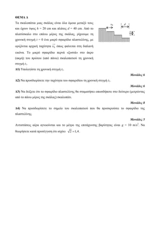 ΘΕΜΑ Δ 
Τα ζθαινπάηηα κηαο ζθάιαο είλαη όια όκνηα κεηαμύ ηνπο 
θαη έρνπλ ύςνο h = 20 cm θαη πιάηνο d = 40 cm. Από ην 
πιαηύζθαιν ζην επάλσ κέξνο ηεο ζθάιαο, ξίρλνπκε ηε 
ρξνληθή ζηηγκή t = 0 έλα κηθξό ζθαηξίδην πιαζηειίλεο, κε 
νξηδόληηα αξρηθή ηαρύηεηα 0  όπσο θαίλεηαη ζηε δηπιαλή 
εηθόλα. Τν κηθξό ζθαηξίδην πεξλά «μπζηά» ζην άθξν 
(αθκή) ηνπ πξώηνπ (από πάλσ) ζθαινπαηηνύ ηε ρξνληθή 
ζηηγκή t1. 
Δ1) Υπνινγίζηε ηε ρξνληθή ζηηγκή t1. 
Μονάδες 6 
Δ2) Να πξνζδηνξίζεηε ηελ ηαρύηεηα ηνπ ζθαηξηδίνπ ηε ρξνληθή ζηηγκή t1. 
Μονάδες 6 
Δ3) Να δείμεηε όηη ην ζθαηξίδην πιαζηειίλεο ζα ζηακαηήζεη νπσζδήπνηε ζην δεύηεξν (κεηξώληαο 
από ην πάλσ κέξνο ηεο ζθάιαο) ζθαινπάηη. 
Μονάδες 8 
Δ4) Να πξνζδηνξίζεηε ην ζεκείν ηνπ ζθαινπαηηνύ πνπ ζα πξνζθξνύζεη ην ζθαηξίδην ηεο 
πιαζηειίλεο. 
Μονάδες 5 
Αληηζηάζεηο αέξα αγλννύληαη θαη ην κέηξν ηεο επηηάρπλζεο βαξύηεηαο είλαη g = 10 m/s2. Να 
ζεσξήζεηε θαηά πξνζέγγηζε όηη ηζρύεη 2 1,4 . 
υ0 d 
h 
 