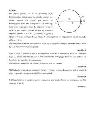 ΘΕΜΑ 4 
Μηα ξάβδνο κήθνπο R = 1 m θαη ακειεηέαο κάδαο 
βξίζθεηαη πάλσ ζε ιείν νξηδόληην επίπεδν (θάηνςε ηνπ 
νπνίνπ θαίλεηαη ζην ζρήκα) θαη κπνξεί λα 
πεξηζηξέθεηαη γύξσ από ην ζεκείν Ο. Σην άιιν ηεο 
άθξν είλαη ζηεξεσκέλν ζώκα Σ1 κάδαο m1 = 2 kg ην 
νπνίν εθηειεί νκαιή θπθιηθή θίλεζε κε γξακκηθή 
ηαρύηεηα κέηξνπ υ1 = 20 m/s, μεθηλώληαο ηε ρξνληθή 
ζηηγκή t = 0 s από ην ζεκείν Κ. Σην ζεκείν Λ (αληηδηακεηξηθό ηνπ Κ) βξίζθεηαη αθίλεην ζώκα Σ2 
κάδαο m2 = 1 kg. 
Δ1) Να ζρεδηαζηεί θαη λα ππνινγηζηεί ην κέηξν ηεο θεληξνκόινπ δύλακεο πνπ αζθείηαη ζην ζώκα 
Σ1. Από πνύ αζθείηαη ε δύλακε απηή; 
Μονάδες 6 
Όηαλ ην ζώκα Σ1 θηάλεη ζην ζεκείν Λ ζπγθξνύεηαη κεησπηθά κε ην ζώκα Σ2. Μεηά ηελ θξνύζε ην 
ζώκα Σ2 απνθηά ηαρύηεηα ίζε κε υ2 = 20 m/s θαη θηλείηαη επζύγξακκα πάλσ ζην ιείν επίπεδν. Να 
ζεσξήζεηε όηη ε θξνύζε γίλεηαη αθαξηαία. 
Δ2) Να βξεζεί ε ηαρύηεηα ηνπ ζώκαηνο Σ1 ακέζσο κεηά ηελ θξνύζε. 
Μονάδες 6 
Δ3) Να βξεζεί ν ρξόλνο από ηε ρξνληθή ζηηγκή t = 0 s πνπ ην ζώκα Σ1 μεθίλεζε από ην ζεκείν Κ 
κέρξη ηε ρξνληθή ζηηγκή πνπ μαλαβξέζεθε ζην ζεκείν Κ. 
Μονάδες 6 
Δ4) Να κειεηήζεηε αλ θαηά ηελ θξνύζε δηαηεξείηαη ε θηλεηηθή ελέξγεηα ηνπ ζπζηήκαηνο ησλ δύν 
ζσκάησλ Σ1 θαη Σ2. 
Μονάδες 7 
Λ 
Κ 
υ1 
m1 m2 R 
O 
 