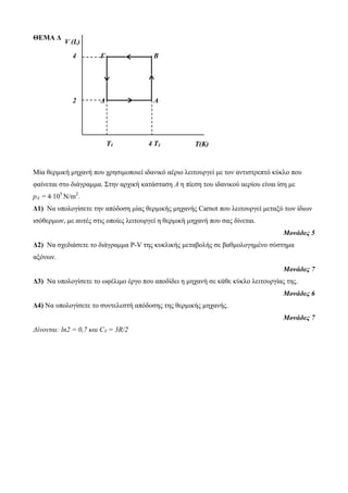 ΘΕΜΑ Δ 
Μία θεπμική μησανή πος σπηζιμοποιεί ιδανικό αέπιο λειηοςπγεί με ηον ανηιζηπεπηό κύκλο πος 
θαίνεηαι ζηο διάγπαμμα. Σηην απσική καηάζηαζη Α η πίεζη ηος ιδανικού αεπίος είναι ίζη με 
pA = 4∙105 N/m2. 
Δ1) Να ςπολογίζεηε ηην απόδοζη μίαρ θεπμικήρ μησανήρ Carnot πος λειηοςπγεί μεηαξύ ηων ίδιων 
ιζόθεπμων, με αςηέρ ζηιρ οποίερ λειηοςπγεί η θεπμική μησανή πος ζαρ δίνεηαι. 
Μονάδες 5 
Δ2) Να ζσεδιάζεηε ηο διάγπαμμα P-V ηηρ κςκλικήρ μεηαβολήρ ζε βαθμολογημένο ζύζηημα 
αξόνων. 
Μονάδες 7 
Δ3) Να ςπολογίζεηε ηο ωθέλιμο έπγο πος αποδίδει η μησανή ζε κάθε κύκλο λειηοςπγίαρ ηηρ. 
Μονάδες 6 
Δ4) Να ςπολογίζεηε ηο ζςνηελεζηή απόδοζηρ ηηρ θεπμικήρ μησανήρ. 
Μονάδες 7 
Δίνονται: ln2 = 0,7 και CV = 3R/2 
T(K) 
V (L) 
T1 4 T1 
2 
4 
Δ A 
Γ B 
 