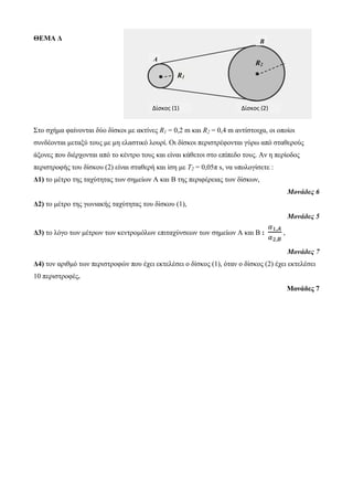 ΘΕΜΑ Δ 
Σηο ζσήμα θαίνονηαι δύο δίζκοι με ακηίνερ R1 = 0,2 m και R2 = 0,4 m ανηίζηοισα, οι οποίοι 
ζςνδέονηαι μεηαξύ ηοςρ με μη ελαζηικό λοςπί. Οι δίζκοι πεπιζηπέθονηαι γύπω από ζηαθεπούρ 
άξονερ πος διέπσονηαι από ηο κένηπο ηοςρ και είναι κάθεηοι ζηο επίπεδο ηοςρ. Αν η πεπίοδορ 
πεπιζηποθήρ ηος δίζκος (2) είναι ζηαθεπή και ίζη με Τ2 = 0,05π s, να ςπολογίζεηε : 
Δ1) ηο μέηπο ηηρ ηασύηηηαρ ηων ζημείων Α και Β ηηρ πεπιθέπειαρ ηων δίζκων, 
Μονάδες 6 
Δ2) ηο μέηπο ηηρ γωνιακήρ ηασύηηηαρ ηος δίζκος (1), 
Μονάδες 5 
Δ3) ηο λόγο ηων μέηπων ηων κενηπομόλων επιηασύνζεων ηων ζημείων Α και Β : 
, 
Μονάδες 7 
Δ4) ηον απιθμό ηων πεπιζηποθών πος έσει εκηελέζει ο δίζκορ (1), όηαν ο δίζκορ (2) έσει εκηελέζει 
10 πεπιζηποθέρ. 
Μονάδες 7 
R1 
R2 
Δίσκος (1) Δίσκος (2) 
Α 
Β 
 