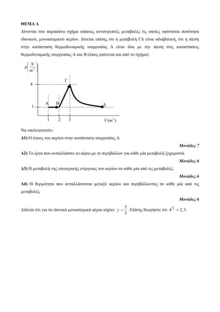 ΘΕΜΑ Δ 
Γίνονηαι ζηο παπακάηω ζσήμα κάποιερ ανηιζηπεπηέρ μεηαβολέρ ηιρ οποίερ ςθίζηαηαι ποζόηηηα 
ιδανικού, μονοαηομικού αεπίος. Γίνεηαι επίζηρ όηι η μεηαβολή ΓΓ είναι αδιαβαηική, όηι η πίεζη 
ζηην καηάζηαζη θεπμοδςναμικήρ ιζοπποπίαρ Γ είναι ίδια με ηην πίεζη ζηιρ καηαζηάζειρ 
θεπμοδςναμικήρ ιζοπποπίαρ Α και Β (όπωρ θαίνεηαι και από ηο ζσήμα). 
Να ςπολογιζηούν: 
Δ1) Ο όγκορ ηος αεπίος ζηην καηάζηαζη ιζοπποπίαρ Γ. 
Μονάδες 7 
Δ2) Το έπγο πος ανηαλλάζζει ηο αέπιο με ηο πεπιβάλλον για κάθε μία μεηαβολή ξεσωπιζηά. 
Μονάδες 6 
Δ3) Η μεηαβολή ηηρ εζωηεπικήρ ενέπγειαρ ηος αεπίος ζε κάθε μία από ηιρ μεηαβολέρ. 
Μονάδες 6 
Δ4) Η θεπμόηηηα πος ανηαλλάζζεηαι μεηαξύ αεπίος και πεπιβάλλονηορ ζε κάθε μία από ηιρ 
μεηαβολέρ. 
Μονάδες 6 
Γίδεηαι όηι για ηα ιδανικά μονοαηομικά αέπια ιζσύει: 
5 
3 
  . Δπίζηρ θεωπήζηε όηι 
3 
4 5  2,3. 
 
 
 
 
2 m 
N 
p 
( ) 3 V m 
1 
4 
1 2 
Γ 
Γ 
Α Β 
3 
 
