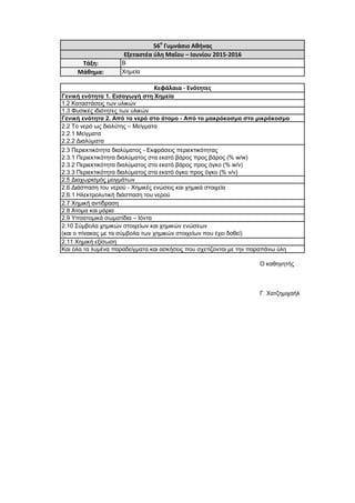 Ο καθηγητής
Γ. Χατζημιχαήλ
2.2 Το νερό ως διαλύτης – Μείγματα
2.2.1 Μείγματα
2.2.2 Διαλύματα
56ο
Γυμνάσιο Αθήνας
Εξεταστέα ύλη Μαΐου – Ιουνίου 2015-2016
Τάξη: Β
Μάθημα: Χημεία
Κεφάλαια - Ενότητες
Γενική ενότητα 1. Εισαγωγή στη Χημεία
1.2 Καταστάσεις των υλικών
1.3 Φυσικές ιδιότητες των υλικών
Γενική ενότητα 2. Από το νερό στο άτομο - Από το μακρόκοσμο στο μικρόκοσμο
2.10 Σύμβολα χημικών στοιχείων και χημικών ενώσεων
(και ο πίνακας με τα σύμβολα των χημικών στοιχείων που έχει δοθεί)
Και όλα τα λυμένα παραδείγματα και ασκήσεις που σχετίζονται με την παραπάνω ύλη
2.11 Χημική εξίσωση
2.3 Περιεκτικότητα διαλύματος - Εκφράσεις περιεκτικότητας
2.3.1 Περιεκτικότητα διαλύματος στα εκατό βάρος προς βάρος (% w/w)
2.3.2 Περιεκτικότητα διαλύματος στα εκατό βάρος προς όγκο (% w/v)
2.3.3 Περιεκτικότητα διαλύματος στα εκατό όγκο προς όγκο (% v/v)
2.5 Διαχωρισμός μειγμάτων
2.6 Διάσπαση του νερού - Χημικές ενώσεις και χημικά στοιχεία
2.6.1 Ηλεκτρολυτική διάσπαση του νερού
2.7 Χημική αντίδραση
2.8 Άτομα και μόρια
2.9 Υποατομικά σωματίδια – Ιόντα
 