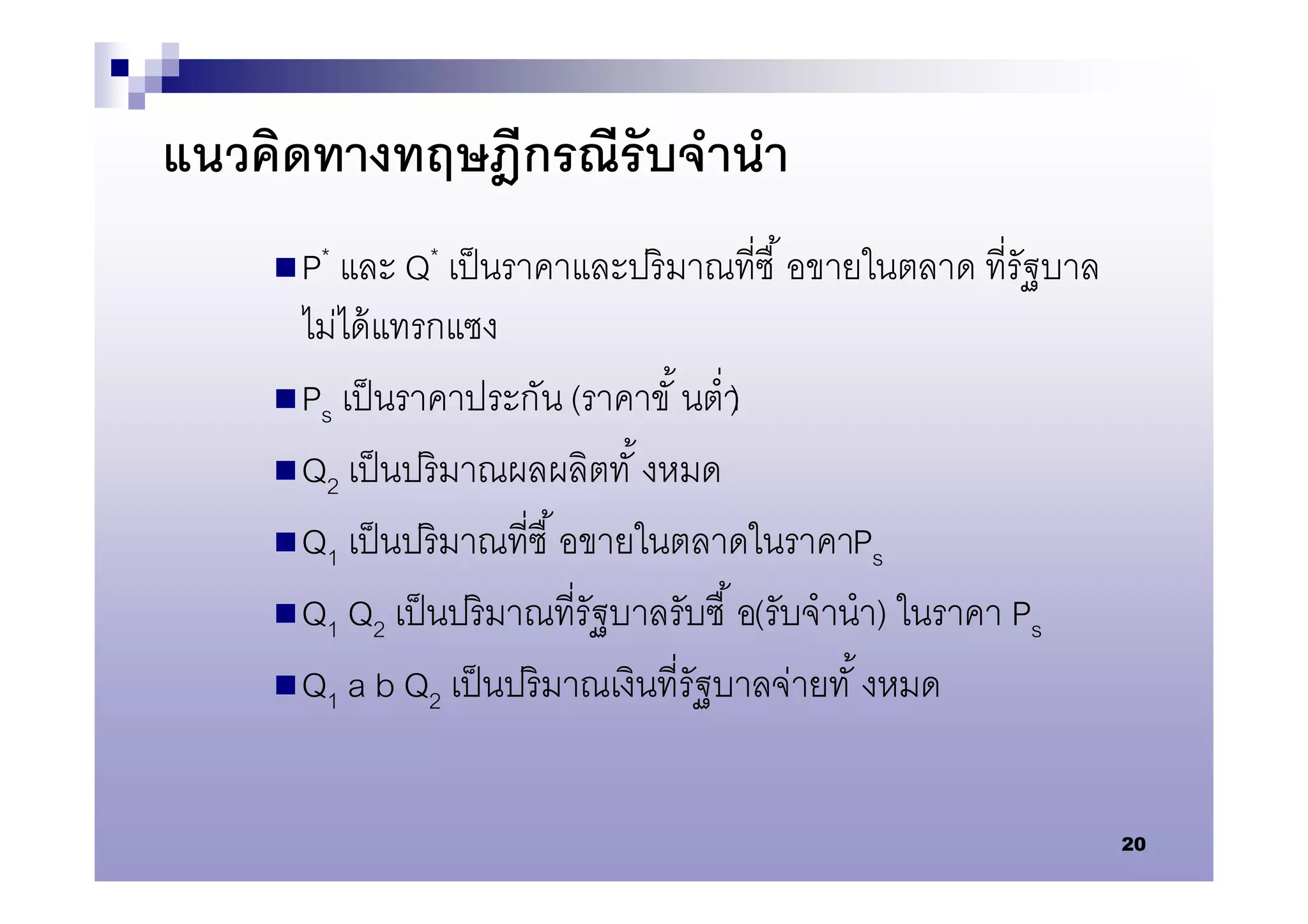 แนวคิดทางทฤษฎีกรณีรับจํานํา
     P* และ Q* เป็ นราคาและปริ มาณทีซื   อขายในตลาด ทีรัฐบาล
      ไม่ได้ แทรกแซง
     Ps เป็ นราคาประกัน (ราคาขั นตํา )
     Q2 เป็ นปริ มาณผลผลิตทั งหมด

     Q1 เป็ นปริ มาณทีซื อขายในตลาดในราคาPs

     Q1 Q2 เป็ นปริ มาณทีรัฐบาลรับซื อ(รับจํานํา) ในราคา Ps

     Q1 a b Q2 เป็ นปริ มาณเงินทีรัฐบาลจ่ายทั งหมด



                                                                20
 