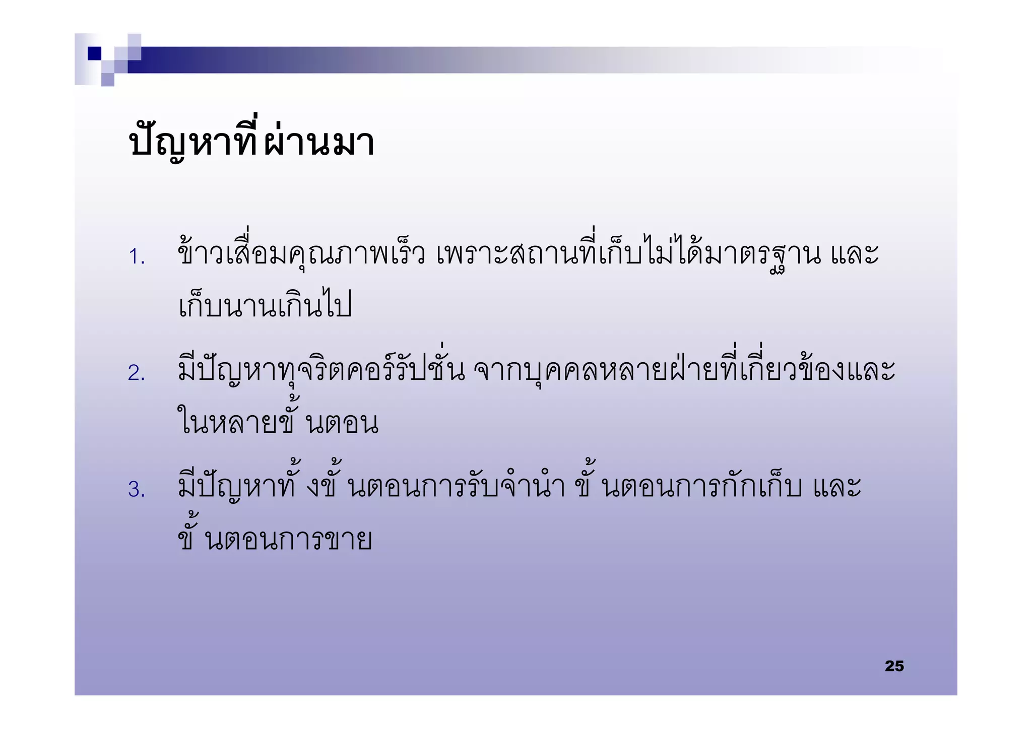 ปั ญหาที ผ่ านมา

1.   ข้ าวเสือมคุณภาพเร็ว เพราะสถานทีเก็บไม่ได้ มาตรฐาน และ
     เก็บนานเกินไป
2.   มีปัญหาทุจริตคอร์ รัปชัน จากบุคคลหลายฝ่ ายทีเกียวข้ องและ
     ในหลายขั นตอน
3.   มีปัญหาทั งขั นตอนการรับจํานํา ขั นตอนการกักเก็บ และ
     ขั นตอนการขาย

                                                             25
 