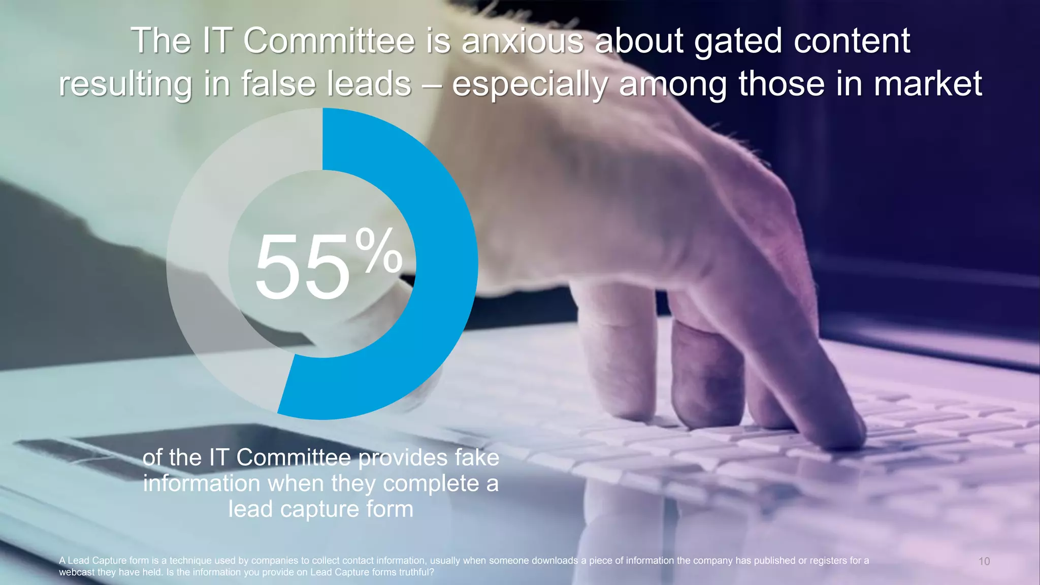 55% 
of the IT Committee provides fake 
information when they complete a 
lead capture form 
A Lead Capture form is a technique used by companies to collect contact information, usually when someone downloads a piece of information the company has published or registers for a 
webcast they have held. Is the information you provide on Lead Capture forms truthful? 
10 
The IT Committee is anxious about gated content 
resulting in false leads – especially among those in market 
 