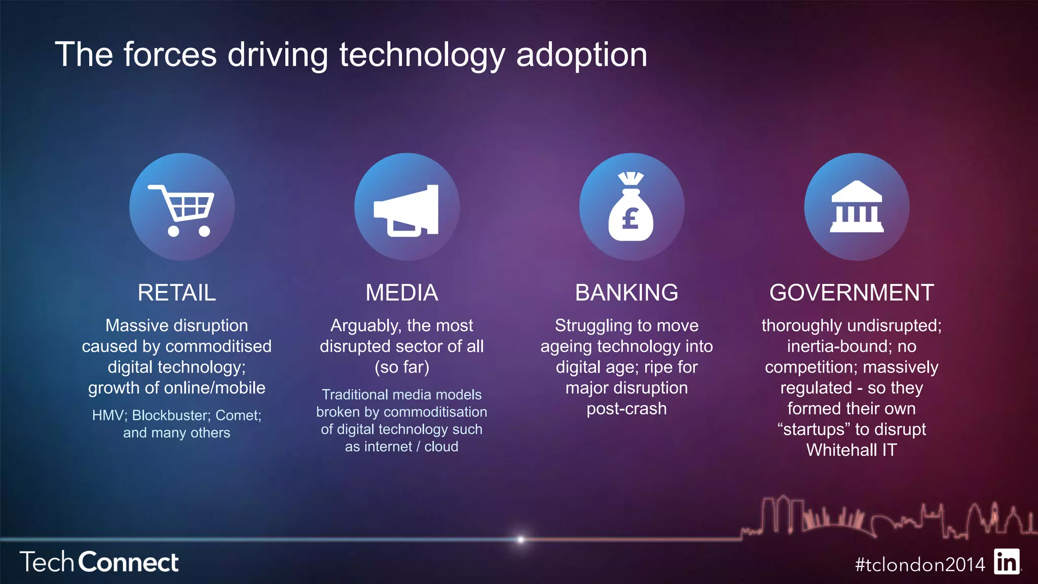 The forces driving technology adoption 
RETAIL 
Massive disruption 
caused by commoditised 
digital technology; 
growth of online/mobile 
HMV; Blockbuster; Comet; 
and many others 
MEDIA 
Arguably, the most 
disrupted sector of all 
(so far) 
Traditional media models 
broken by commoditisation 
of digital technology such 
as internet / cloud 
BANKING 
Struggling to move 
ageing technology into 
digital age; ripe for 
major disruption 
post-crash 
GOVERNMENT 
thoroughly undisrupted; 
inertia-bound; no 
competition; massively 
regulated - so they 
formed their own 
“startups” to disrupt 
Whitehall IT 
 