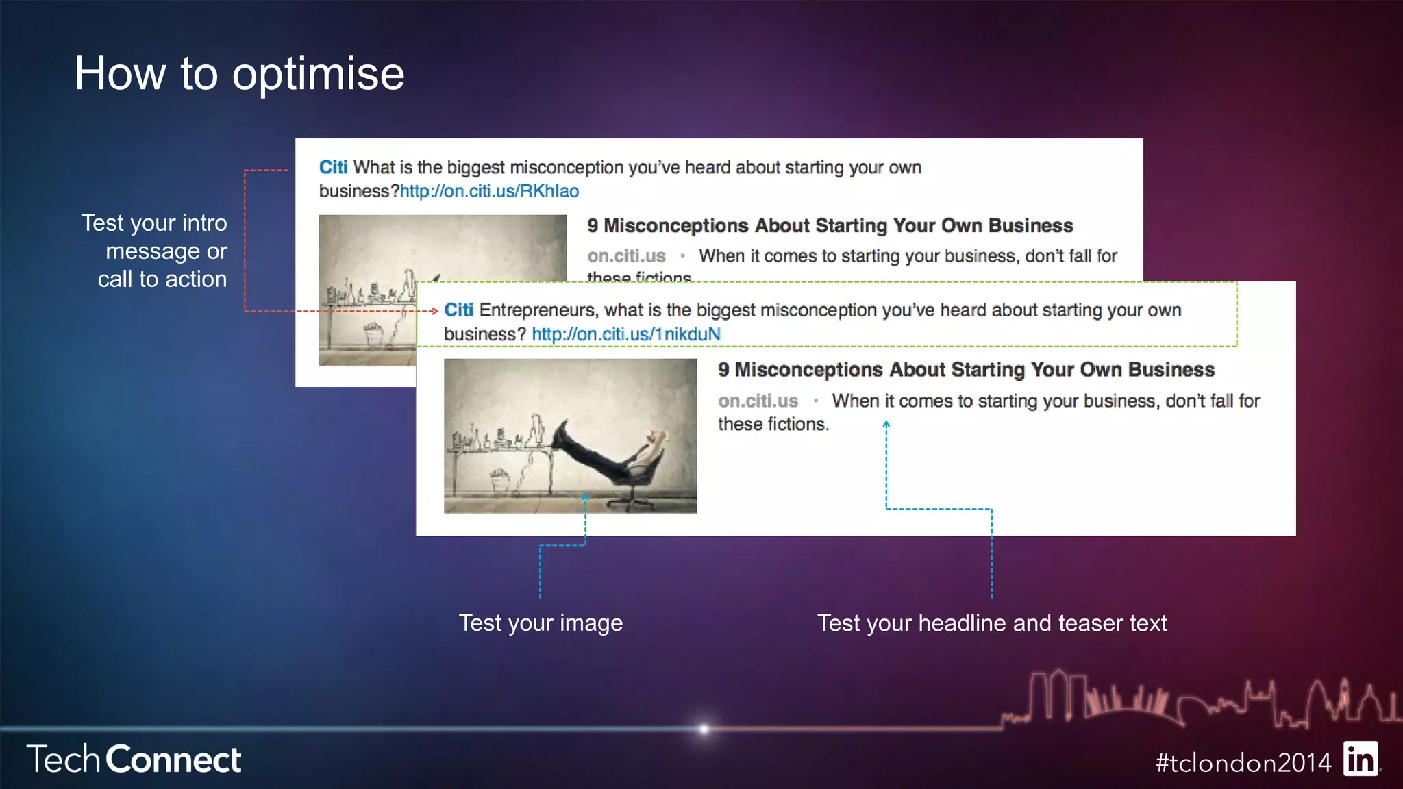 Test your intro 
message or 
call to action 
Test your image Test your headline and teaser text 
How to optimise 
 