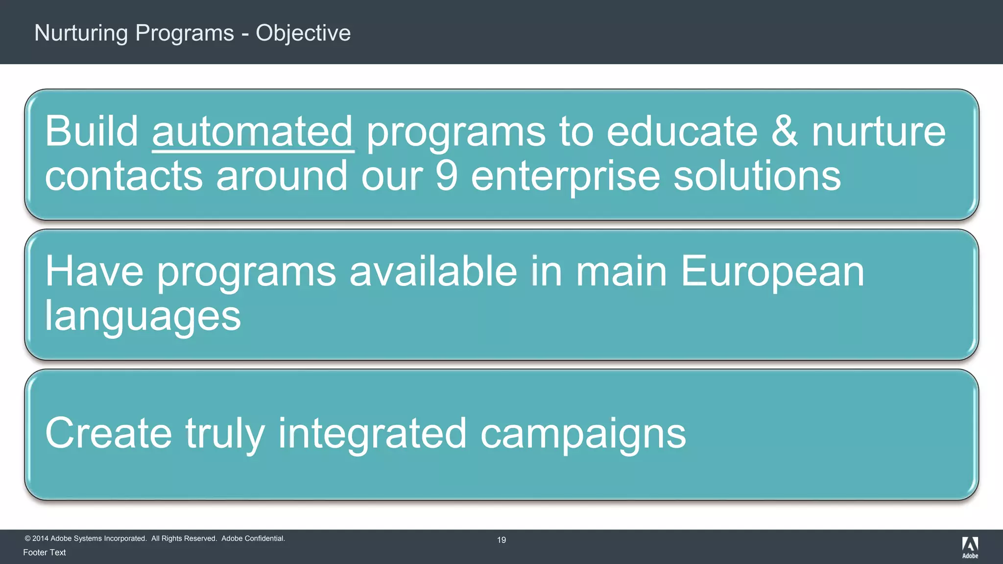 Nurturing Programs - Objective 
Build automated programs to educate & nurture 
contacts around our 9 enterprise solutions 
Have programs available in main European 
languages 
Create truly integrated campaigns 
© 2014 Adobe Systems Incorporated. All Rights Reserved. Adobe Confidential. 
Footer Text 
19 
 