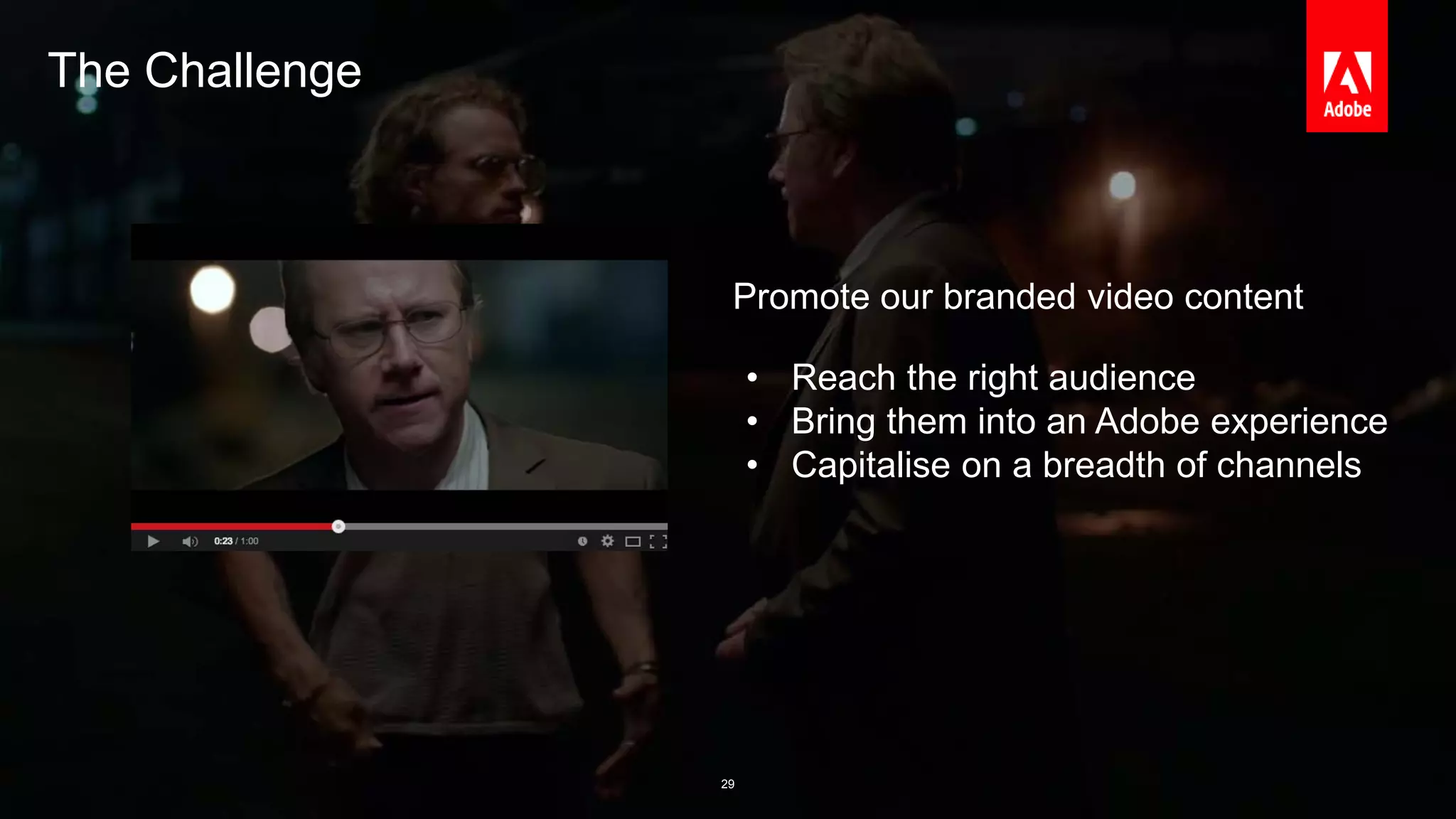 © 2014 Adobe Systems Incorporated. All Rights Reserved. Adobe Confidential. 
Promote our branded video content 
The Challenge 
• Reach the right audience 
• Bring them into an Adobe experience 
• Capitalise on a breadth of channels 
29 
 