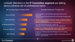 LinkedIn Members in the IT Committee segment are talking 
about a diverse set of professional topics 
Top Trending Topics (October 2014) 
cloud computing 
online advertising 
employee engagement 
business intelligence 
web marketing 
Example Articles per Trending Topic 
• Gartner Identifies the Top 10 Strategic Technology Trends for 2015 : 
gartner.com 
• Hewlett-Packard Announces Breakup Plan as Technology Landscape Shifts 
: nytimes.com 
• The cookie is dead. Here’s how Facebook, Google, and Apple are tracking 
you now : venturebeat.com 
• There’s Something Going On In L.A. : techcrunch.com 
• Here’s Why Good Employees Quit : linkedin.com 
• 9 Reasons to Quit Your Job As Soon As You Can : linkedin.com 
• Gartner's Top 10 Strategic Technology Trends for 2015 : forbes.com 
• Create a Strategy that Anticipates and Learns : blogs.hbr.org 
• 5 Trends Your Marketing Team Should Budget For In 2015 - Forbes : 
forbes.com 
• Facebook Launches Hyper-Local Ads Targeted To People Within A Mile Of A 
Business : techcrunch.com 
 