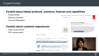 Ungated Content 
 Content about Adobe products, solutions, features and capabilities: 
 Product sheets 
 Solutions Overviews 
 Technical Whitepapers 
 Content about customer experiences 
 Video success stories 
 PDF success stories 
© 2014 Adobe Systems Incorporated. All Rights Reserved. Adobe Confidential. 
14 
 