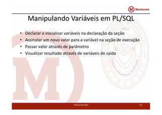 Manipulando Variáveis em PL/SQL 
• Declarar e inicializar variáveis na declaração da seção 
• Assinalar um novo valor para a variável na seção de execução 
• Passar valor através de parâmetro 
• Visualizar resultado através de variáveis de saída 
<Título da Aula> 13 
 