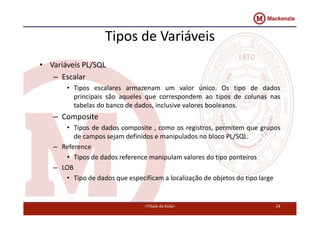 Tipos de Variáveis 
• Variáveis PL/SQL 
– Escalar 
• Tipos escalares armazenam um valor único. Os tipo de dados 
principais são aqueles que correspondem ao tipos de colunas nas 
tabelas do banco de dados, inclusive valores booleanos. 
– Composite 
• Tipos de dados composite , como os registros, permitem que grupos 
de campos sejam definidos e manipulados no bloco PL/SQL. 
– Reference 
• Tipos de dados reference manipulam valores do tipo ponteiros 
– LOB 
• Tipo de dados que especificam a localização de objetos do tipo large 
<Título da Aula> 14 
 