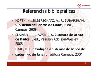 Referencias bibliográficas 
• KORTH, H., SILBERSCHATZ, A., F., SUDARSHAN, 
S. Sistema de Bancos de Dados, 6 ed., 
Campus, 2006. 
• ELMASRI, R., NAVATHE, S. Sistemas de Banco 
de Dados. 6 ed., Pearson Addison‐Wesley, 
2005 
• DATE, C. J. Introdução a sistemas de banco de 
• dados. Rio de Janeiro: Editora Campus, 2004. 
22 
 