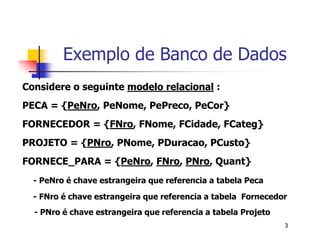 Exemplo de Banco de Dados 
3 
Considere o seguinte modelo relacional : 
PECA = {PeNro, PeNome, PePreco, PeCor} 
FORNECEDOR = {FNro, FNome, FCidade, FCateg} 
PROJETO = {PNro, PNome, PDuracao, PCusto} 
FORNECE_PARA = {PeNro, FNro, PNro, Quant} 
- PeNro é chave estrangeira que referencia a tabela Peca 
- FNro é chave estrangeira que referencia a tabela Fornecedor 
- PNro é chave estrangeira que referencia a tabela Projeto 
 