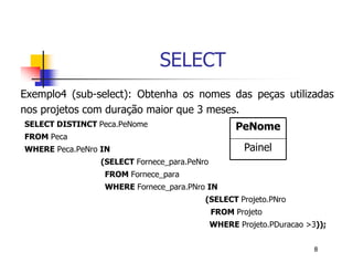 8 
SELECT 
Exemplo4 (sub-select): Obtenha os nomes das peças utilizadas 
nos projetos com duração maior que 3 meses. 
SELECT DISTINCT Peca.PeNome 
FROM Peca 
WHERE Peca.PeNro IN 
(SELECT Fornece_para.PeNro 
FROM Fornece_para 
WHERE Fornece_para.PNro IN 
PeNome 
Painel 
(SELECT Projeto.PNro 
FROM Projeto 
WHERE Projeto.PDuracao >3)); 
 