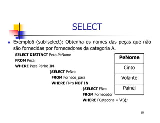 10 
SELECT 
 Exemplo6 (sub-select): Obtenha os nomes das peças que não 
são fornecidas por fornecedores da categoria A. 
SELECT DISTINCT Peca.PeNome 
FROM Peca 
WHERE Peca.PeNro IN 
(SELECT PeNro 
FROM Fornece_para 
WHERE FNro NOT IN 
PeNome 
Cinto 
Volante 
Painel 
(SELECT FNro 
FROM Fornecedor 
WHERE FCategoria = ‘A’)); 
 