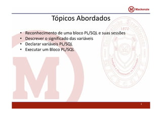 Tópicos Abordados 
• Reconhecimento de uma bloco PL/SQL e suas sessões 
• Descrever o significado das variáveis 
• Declarar variáveis PL/SQL 
• Executar um Bloco PL/SQL 
2 
 