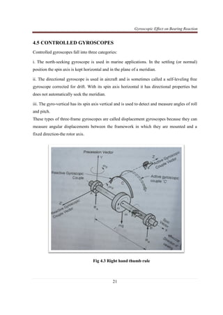 Gyroscopic Effect on Bearing Reaction
21
4.5 CONTROLLED GYROSCOPES
Controlled gyroscopes fall into three categories:
i. The north-seeking gyroscope is used in marine applications. In the settling (or normal)
position the spin axis is kept horizontal and in the plane of a meridian.
ii. The directional gyroscope is used in aircraft and is sometimes called a self-leveling free
gyroscope corrected for drift. With its spin axis horizontal it has directional properties but
does not automatically seek the meridian.
iii. The gyro-vertical has its spin axis vertical and is used to detect and measure angles of roll
and pitch.
These types of three-frame gyroscopes are called displacement gyroscopes because they can
measure angular displacements between the framework in which they are mounted and a
fixed direction-the rotor axis.
Fig 4.3 Right hand thumb rule
 