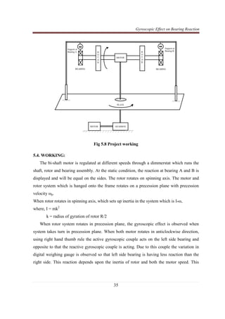 Gyroscopic Effect on Bearing Reaction
35
Fig 5.8 Project working
5.4. WORKING:
The bi-shaft motor is regulated at different speeds through a dimmerstat which runs the
shaft, rotor and bearing assembly. At the static condition, the reaction at bearing A and B is
displayed and will be equal on the sides. The rotor rotates on spinning axis. The motor and
rotor system which is hanged onto the frame rotates on a precession plane with precession
velocity ωp.
When rotor rotates in spinning axis, which sets up inertia in the system which is I*ω,
where, I = mk2
k = radius of gyration of rotor R/2
When rotor system rotates in precession plane, the gyroscopic effect is observed when
system takes turn in precession plane. When both motor rotates in anticlockwise direction,
using right hand thumb rule the active gyroscopic couple acts on the left side bearing and
opposite to that the reactive gyroscopic couple is acting. Due to this couple the variation in
digital weighing gauge is observed so that left side bearing is having less reaction than the
right side. This reaction depends upon the inertia of rotor and both the motor speed. This
 