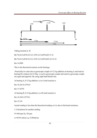 Gyroscopic Effect on Bearing Reaction
42
Taking moment at B
Rb *0.24-5.68*0.215-21.18*0.12-5.68*0.025+C=0
Rb *0.24-5.68*0.215-21.18*0.12-5.68*0.025+0.313=0
Ra=14.98N
This is the theoretical reaction on the bearings,
Practically its value due to gyroscopic couple is 0.12 kg addition on bearing A and load on
bearing B is reduces by 0.12kg i.e active gyroscopic couple and reactive gyroscopic couple
are equal and opposite. By using right hand thumb rule.
At bearing A, 0.12 kg addition i.e at A total reaction is
Ra=16.28+0.12*9.81
Ra=17.457N
At bearing B, 0.12 kg addition i.e at B total reaction is
Ra=16.28-0.12*9.81
Ra=15.1N
Actual reading is less than the theoretical reading so it is due to frictional resistance.
2. Calculation for another reading
N=668 rpm Np=20 rpm
ω=69.95 rad/sec ωp=2.09rad/sec
 