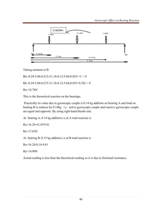 Gyroscopic Effect on Bearing Reaction
46
Taking moment at B
Rb *0.24-5.68*0.215-21.18*0.12-5.68*0.025+ C = 0
Rb *0.24-5.68*0.215-21.18*0.12-5.68*0.025+0.362 = 0
Ra=14.78N
This is the theoretical reaction on the bearings,
Practically its value due to gyroscopic couple is 0.14 kg addition on bearing A and load on
bearing B is reduces by 0.14kg i.e active gyroscopic couple and reactive gyroscopic couple
are equal and opposite. By using right hand thumb rule.
At bearing A, 0.14 kg addition i.e at A total reaction is
Ra=16.28+0.14*9.81
Ra=17.65N
At bearing B, 0.15 kg addition i.e at B total reaction is
Ra=16.28-0.14*9.81
Ra=14.90N
Actual reading is less than the theoretical reading so it is due to frictional resistance.
0.362Nm
 