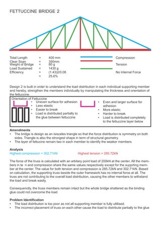 FETTUCCINE BRIDGE 2
Total Length
Clear Span
=
=
400 mm
350mm
Compression
Weight of Bridge = 80 g Tension
Load Sustained
Efficiency
=
=
1430 g
(1.43)2/0.08 No Internal Force
= 25.6%
Design 2 is built in order to understand the load distribution in each individual supporting member
and hereby, strengthen the members individually by manipulating the thickness and orientation of
the fettuccine.
Orientation of Fettuccine
• Uneven surface for adhesion
• Less elastic
• Easier to break
• Load is distributed partially to
the glue between fettuccine
• Even and larger surface for
adhesion
• More elastic
• Harder to break
• Load is distributed completely
to the fettuccine layer below
Amendments
• The bridge is design as an isisceles triangle so that the force distribution is symmetry on both
sides. Triangle is also the strongest shape in term of structural geometry.
• The layer of fettucine remain two in each member to identify the weaker members
Analysis
Highest compression = 302.71kN Highest tension = 285.72kN
The force of the truss is calculated with an arbitary point load of 200kN at the center. All the mem-
bers in te n and compression share the same values respectively except for the supprting mem-
ber at the center. The value for both tension and compression is 285.72kN and 302.71kN. Based
on calculation, the supporting truss beside the outer framework has no internal force at all. The
truss are not contributing to the overall load distribution, causing the other members to withstand
the load and break easily.
Consequenctly, the truss members remain intact but the whole bridge shattered as the binding
glue could not overcome the load
Problem Identification
• The load distribution is too poor as not all supporting member is fully ultilised.
• The incorrect placement of truss on each other cause the load to distribute partially to the glue
 
