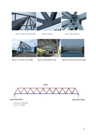 8
Figure 1 Diagonal Upright Pole. Figure 2 Bracing. Figure 3 Main Bracing.
Figure 4: Front view of the bridge. Figure 5: Side elevation view. Figure 6: Structures under the bridge.
LOAD
REACTION FORCE REACTION FORCE
 