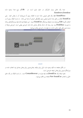 33
‫ػؿ‬ .‫امت‬ ‫ثبفی‬ ِٕ‫ره‬ ‫ػؿ‬ ‫تبحیـگقاؿ‬ ‫ثنیبؿ‬ ‫ٝبيم‬ ‫یک‬ ‫ٍؼا‬Udk‫ػاؿػ‬ ‫ٔرٕػ‬ ‫ٍؼا‬ َٕٛ ٔ‫ػ‬
Soundwave,Soundcue.
SoundWave‫يی‬ ٌ‫آ‬ ‫ؿٔی‬ ‫کهیک‬ ‫ثب‬ ‫امت‬ ِ‫مبػ‬ ‫ٍٕتی‬ ‫فبیم‬ ‫یک‬ ٔ‫فم‬‫ٔنی‬ . ‫کُیؼ‬ ‫پغو‬ ‫ؿا‬ ٌ‫آ‬ ‫تٕاَیؼ‬
SoundCue‫ث‬ ‫تٕاثٞی‬ ‫ػاؿای‬ ‫ٍؼا‬ ‫فبیم‬ ‫ثـ‬ ِٔ‫ٝال‬ٔ ٌ‫آ‬ ‫ؿٔی‬ ‫کهیک‬ ‫ؿامت‬ ‫ثب‬ . ‫ثبىؼ‬ ‫يی‬ ‫ٍؼا‬ ٌ‫آ‬ ‫ارـای‬ ‫چگَٕگی‬ ‫ـای‬
ُّ‫گقی‬ ‫اَتغبة‬Edit‫يی‬‫ٔیـایيگـ‬ ٔ‫يضی‬ ‫ٔاؿػ‬ ‫تٕاَیؼ‬SoundCue‫ٔیـایيگـ‬ ّ‫ثمی‬ ‫يبَُؼ‬ ‫ْى‬ ٔ‫يضی‬ ٍ‫ای‬ . ‫ىٕیؼ‬ّ‫ثـَبي‬ ‫ْبی‬
‫ٍٕؿت‬ ّ‫ث‬NodeBase‫ػ‬ ‫ًَبیو‬ ٕ‫ثهُؼگ‬ ‫یک‬ ‫ثب‬ ّ‫ک‬ ّ‫ؿیي‬ ‫َٕػ‬ .‫امت‬‫اف‬ ‫َٕػْب‬ ‫عـٔری‬ .‫امت‬ ‫َٓبیی‬ ‫عـٔری‬ ِ‫ىؼ‬ ِ‫اػ‬
‫يی‬ ‫پغو‬ ‫عـٔری‬ ‫ػؿ‬ ‫َٓبیت‬ ‫ػؿ‬ ٔ ِ‫ىؼ‬ ‫تـکیت‬ ‫یکی‬ ‫یکی‬ ‫چپ‬ ‫مًت‬.‫ىٕػ‬
‫شکل‬‎-4
‫ػؿ‬ ِ‫ىؼ‬ ‫اَتغبة‬ ‫َٕػ‬ ‫ٍؼای‬ ‫پغو‬ ‫ثـای‬ ‫پغو,ػٔيی‬ ‫تٕلف‬ ‫ثـای‬ ‫أنی‬ .‫ػاؿػ‬ ‫ٔرٕػ‬ ‫کهیؼ‬ ّ‫م‬ ّ‫ٍفض‬ ‫ثبالی‬ ‫ػؿ‬
.‫امت‬ ‫عـٔری‬ ّ‫َتیز‬ ‫پغو‬ ‫ثـای‬ ‫ٔیـایيگـ,مٕيی‬
َ‫یک‬ ‫ایزبػ‬ ِٕ‫ض‬SoundCue‫ػؿ‬ ‫يٕاؿػ‬ ّ‫ثمی‬ ‫يبَُؼ‬ContentBrowser‫ربی‬ ‫یک‬ ‫ػؿ‬ ‫کهیک‬ ‫ؿامت‬ ‫ثب‬ . ‫امت‬
‫اَتغبة‬ ٔ ‫عبنی‬New SoundCue‫يی‬ ‫ٙبْـ‬ ‫فیـ‬ ّ‫ٍفض‬. ‫ىٕػ‬
 